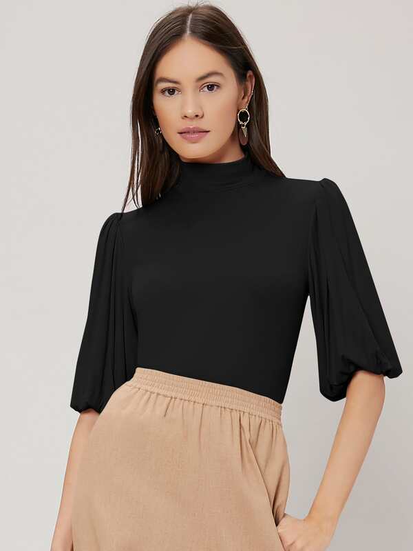 Blusa Feminina Elegante Cor Preto Manga Bufante Colarinho alto - Coleção Entre Estações - Boutique do Encanto