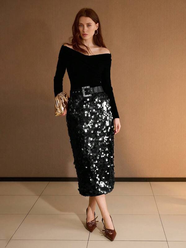 Blusa Feminina Ombro a Ombro Cruzada na Frente Slim Manga Longa Cor Preto Branco Claret Rose Coleção Entre Estações - Boutique do Encanto