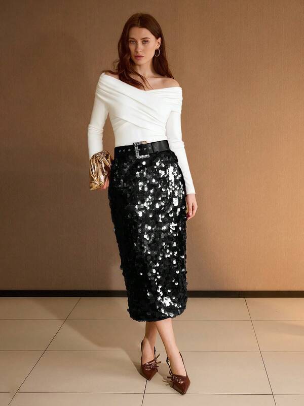 Blusa Feminina Ombro a Ombro Cruzada na Frente Slim Manga Longa Cor Preto Branco Claret Rose Coleção Entre Estações - Boutique do Encanto