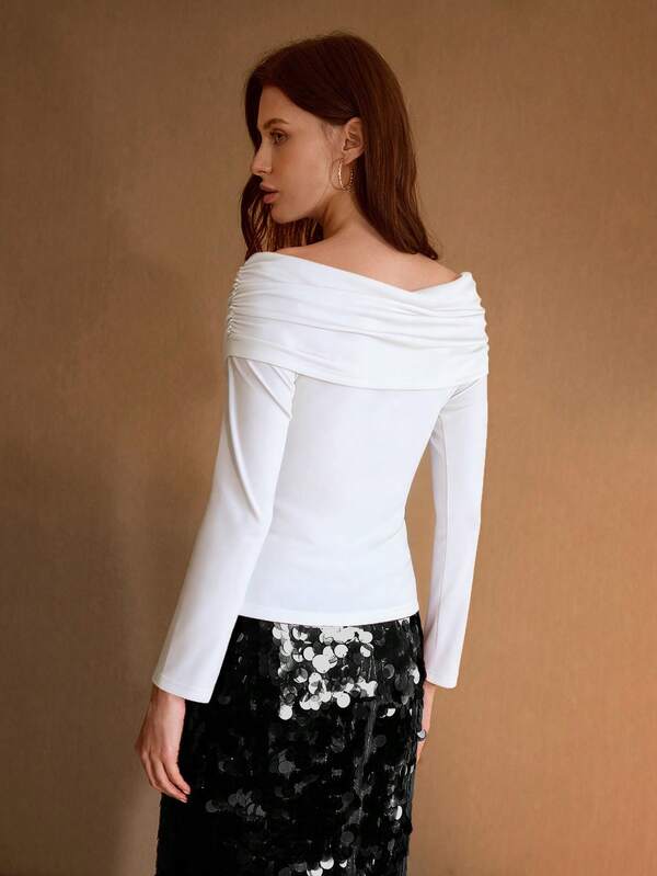 Blusa Feminina Ombro a Ombro Cruzada na Frente Slim Manga Longa Cor Preto Branco Claret Rose Coleção Entre Estações - Boutique do Encanto