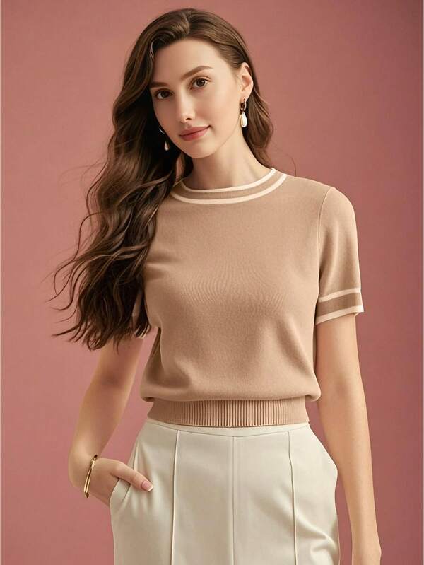 Blusa Feminina Tricot Verde Oliva Beige Azul Marinho -Gola Redonda Malha Premium Eslasticidade Alta - Boutique do Encanto Blusas