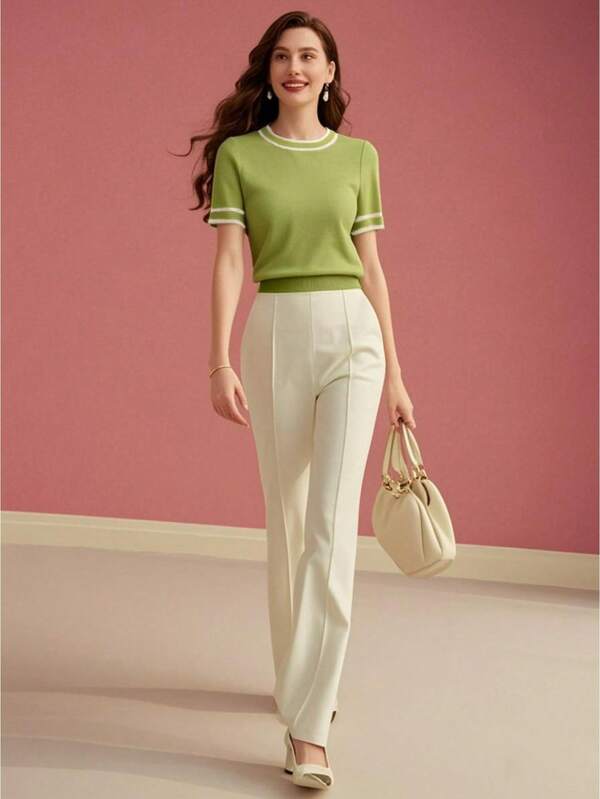 Blusa Feminina Tricot Verde Oliva Beige Azul Marinho -Gola Redonda Malha Premium Eslasticidade Alta - Boutique do Encanto Blusas