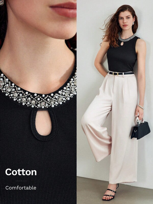 Blusa Regata Feminina Cor Preta Slim Tecido Algodão Prime Canelado Detalhe Bordado no Decote - Coleção Entre Estações - Boutique do Encanto