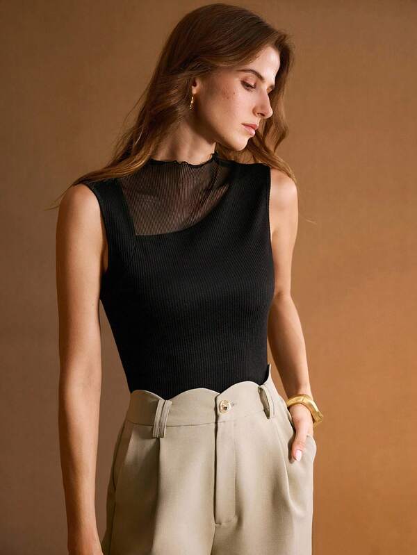 Blusa Regata Feminina Cores Preto Branco - Elegante - Básica - Detalhe Gola - Coleção Entre Estações - Boutique do Encanto