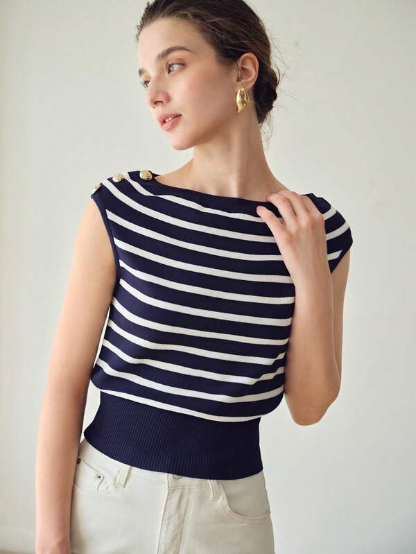 Blusa Tricot Listrada Azul e Branca Cropped - Gola Redonda com Botões Ombro - Malha Premium - Coleção Entre Estações - Boutique do Encanto