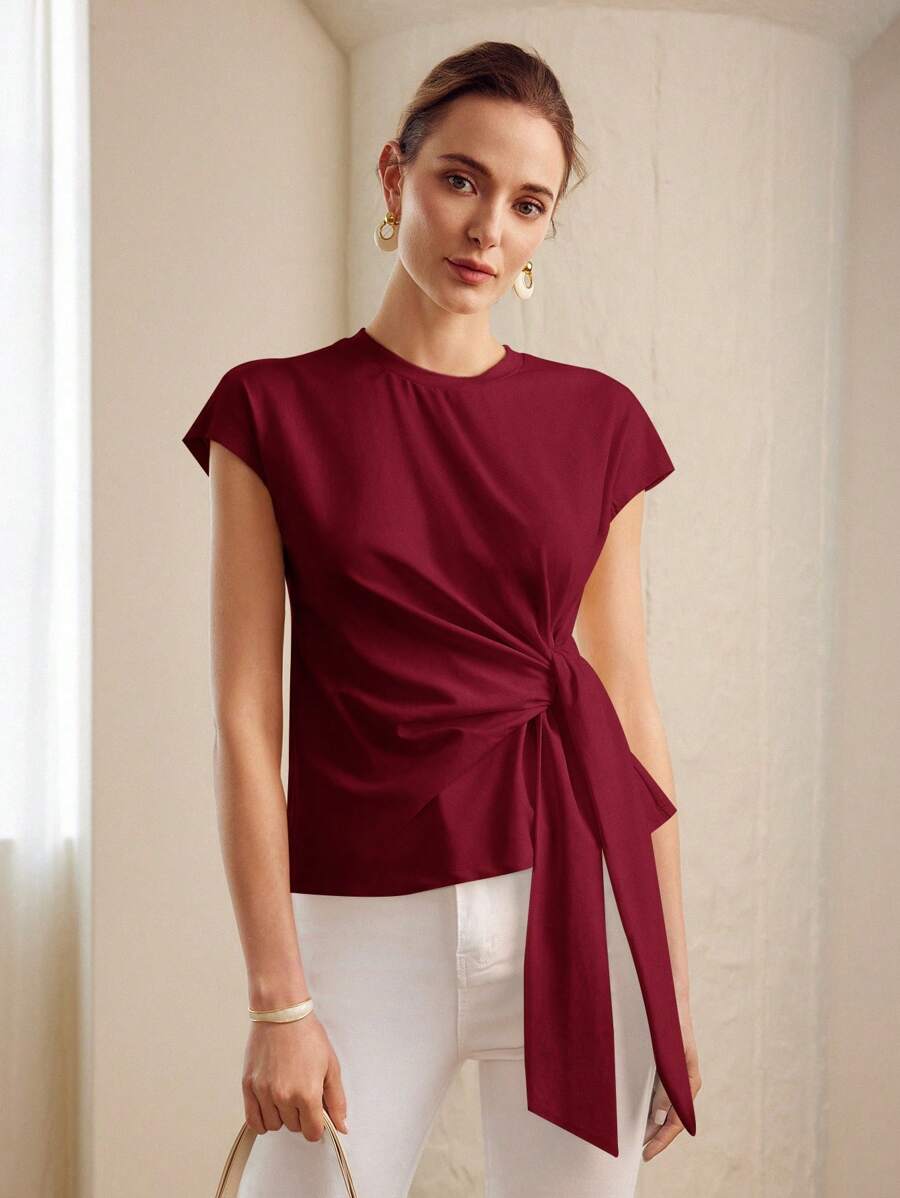 Blusa Vinho Bordô feminina com detalhe torcido na cintura