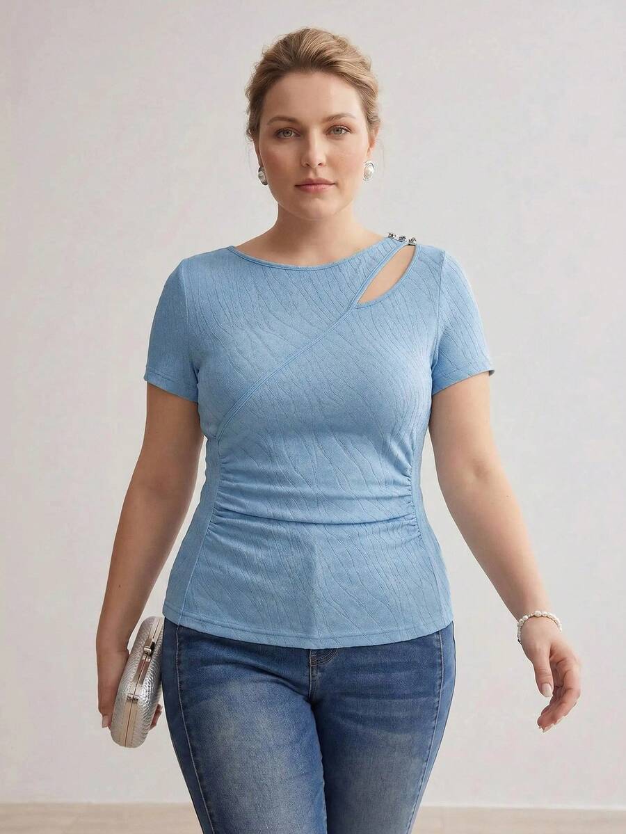 Blusa feminina Azul Claro Plus Size GG ao 4XG com manga curta