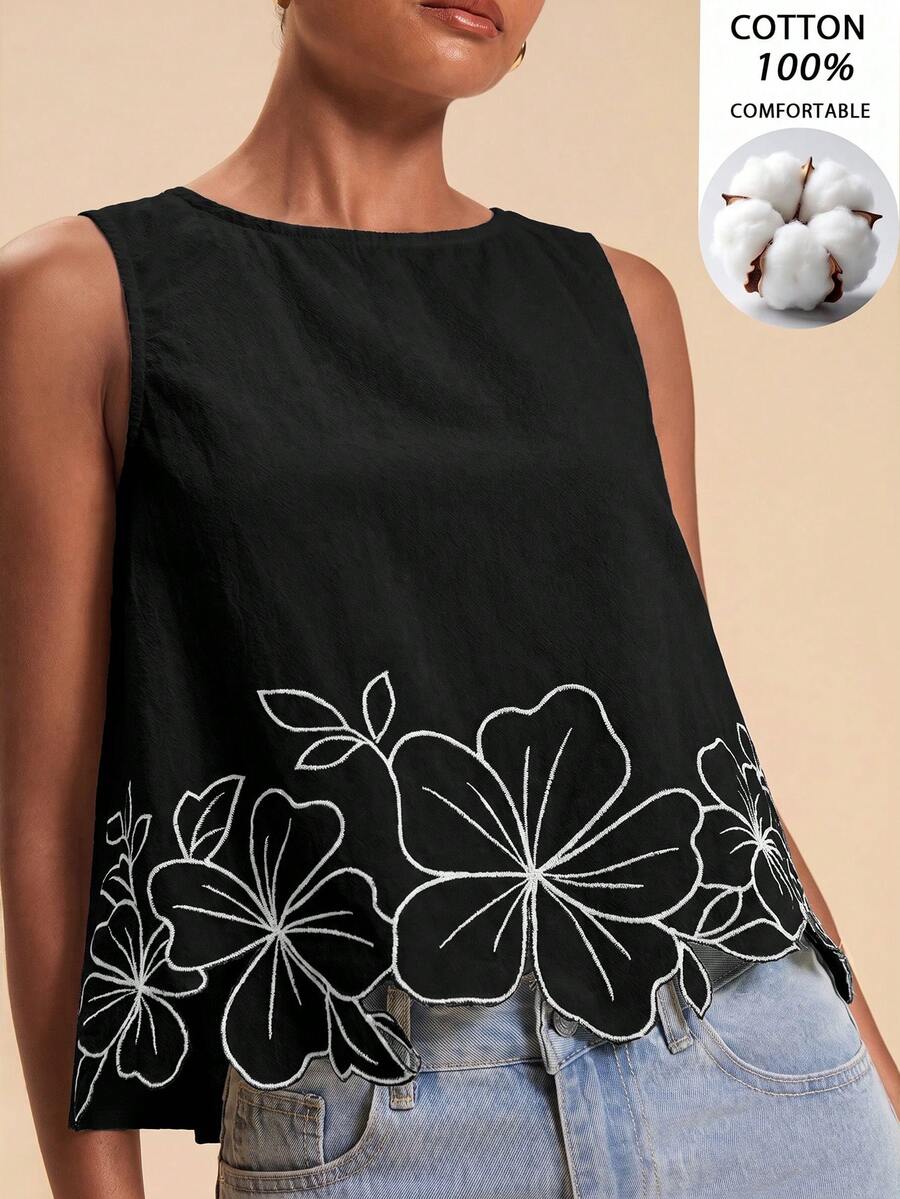 Blusa feminina Preta para verão com bordado floral e acabamento