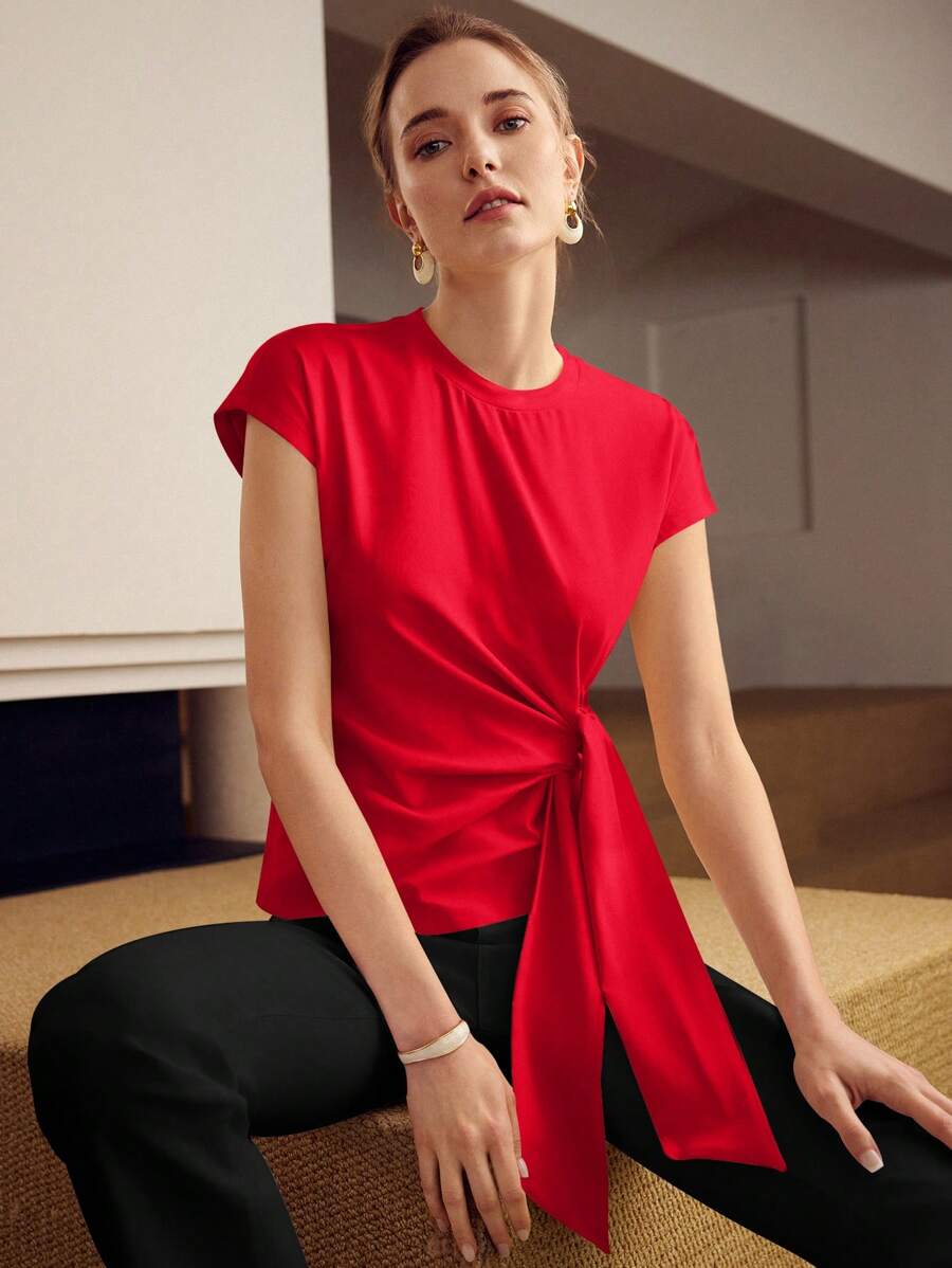Blusa feminina Vermelho Rubi com faixa lateral e manga curta