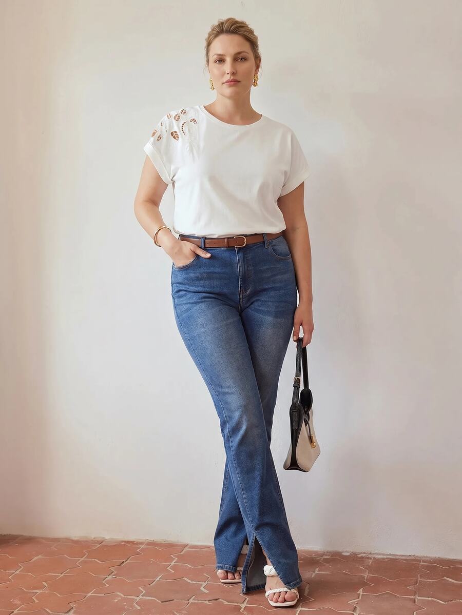 Blusa feminina branca de algodão com elastano para primavera e verão plus size