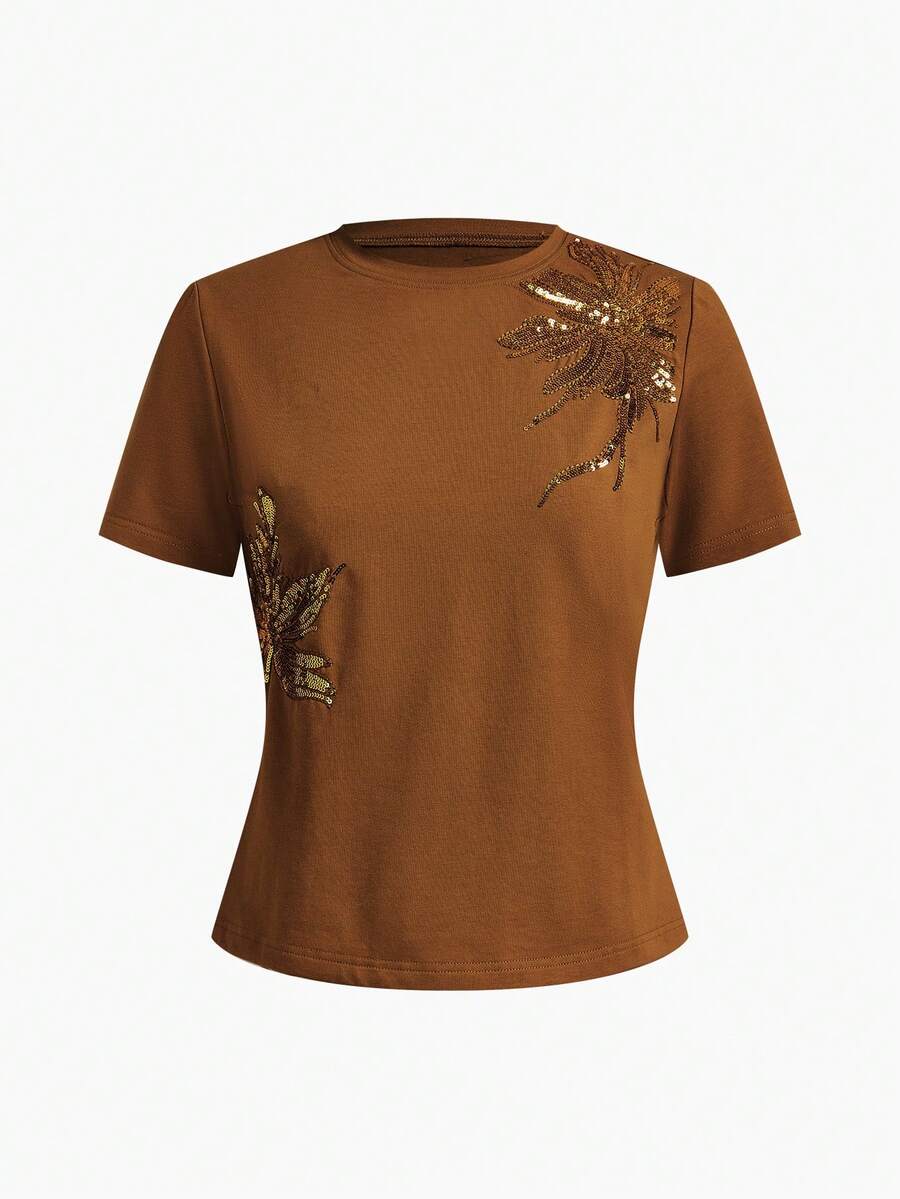 Blusa feminina castanha de algodão com bordado floral e paetês