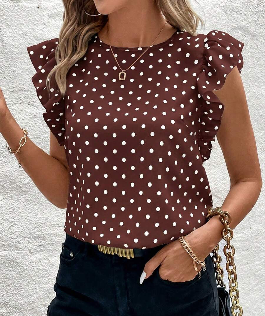 Blusa feminina marrom com estampa de bolinhas e gola redonda