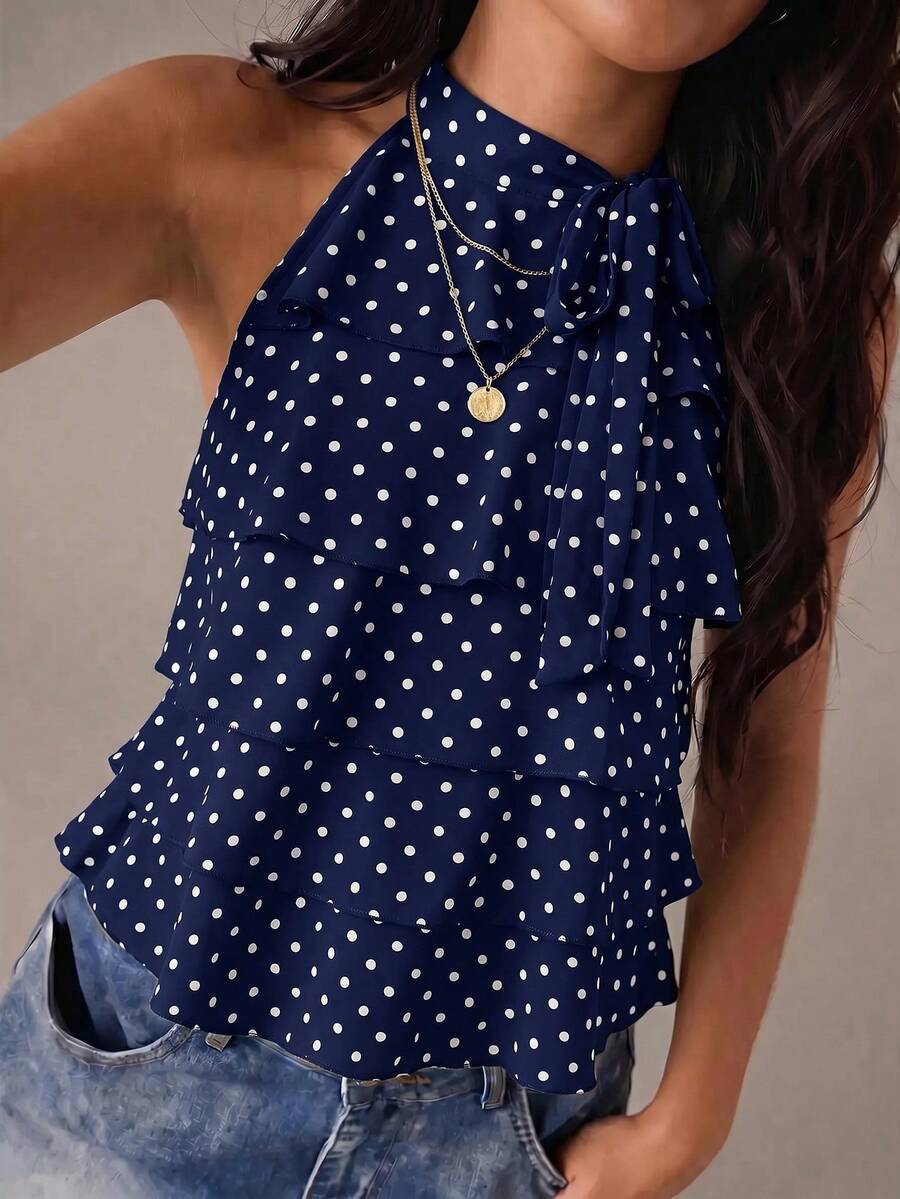 Blusa feminina poá Azul Marinho com babados e laço no decote