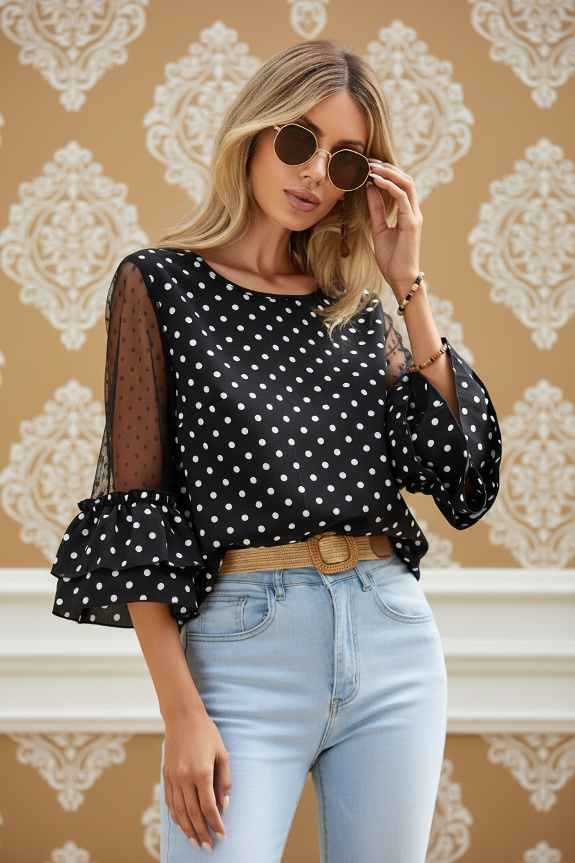 Blusa feminina preta com poá branco, mangas em tule e babados – Boutique do Encanto