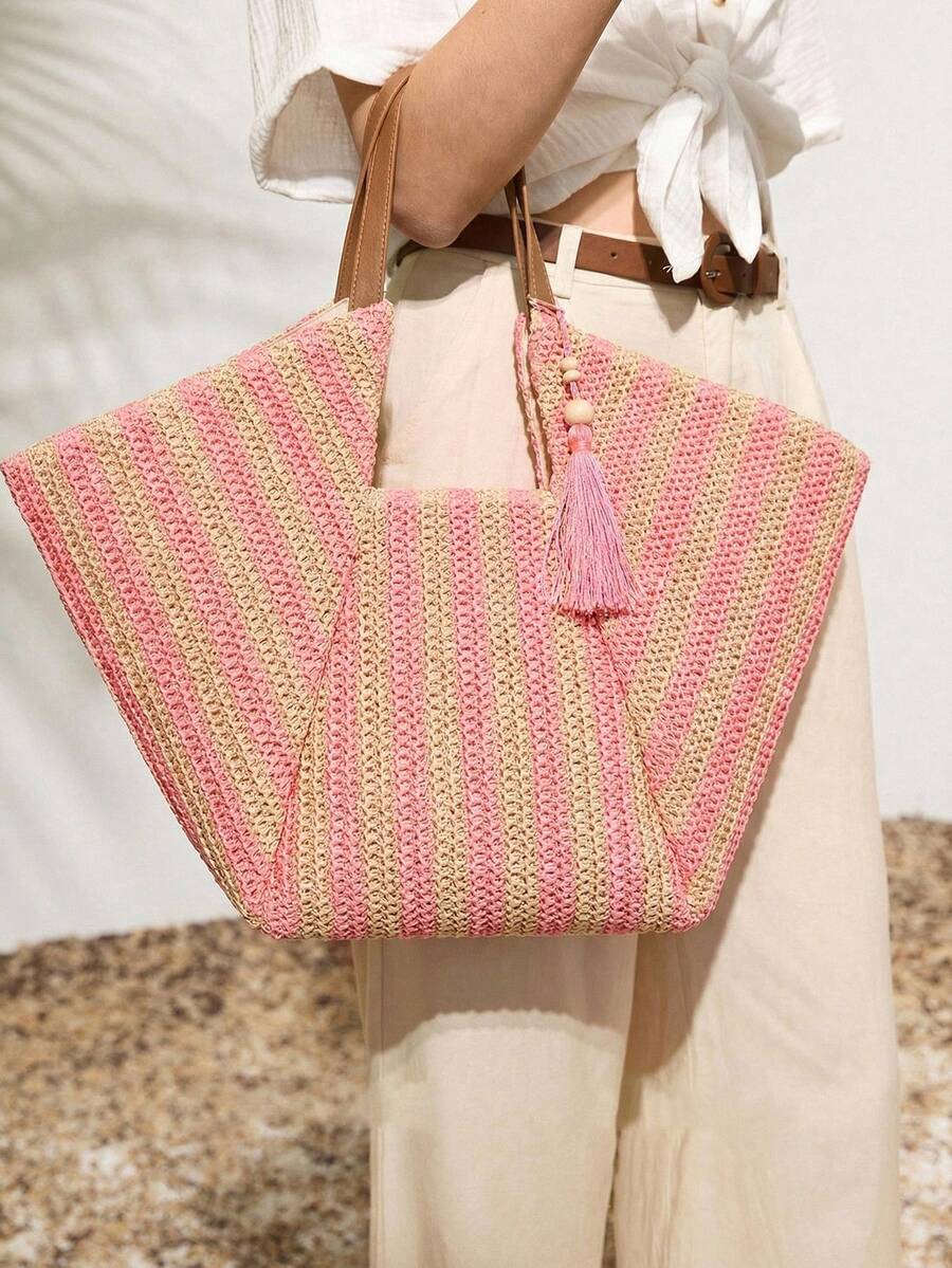 Bolsa feminina grande rosa em trama natural – Boutique do Encanto