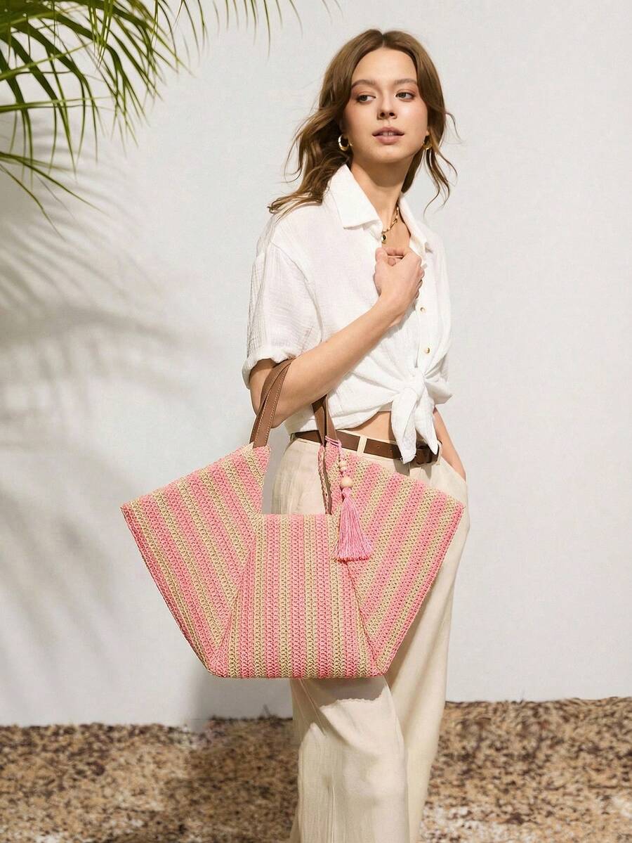 Bolsa feminina grande rosa em trama natural – Boutique do Encanto