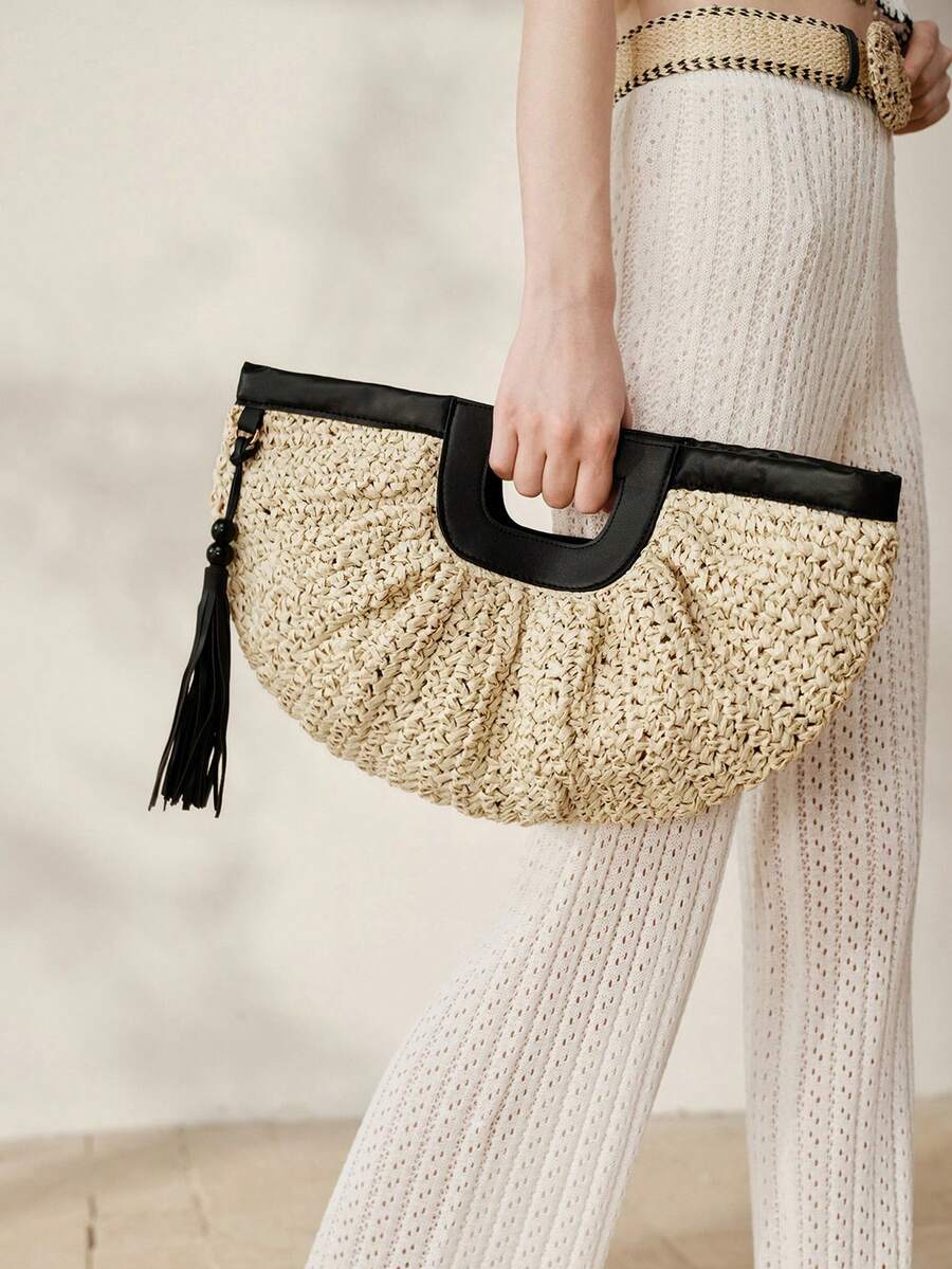 Bolsa feminina off white semicircular em trama natural com franjas – Boutique do Encanto