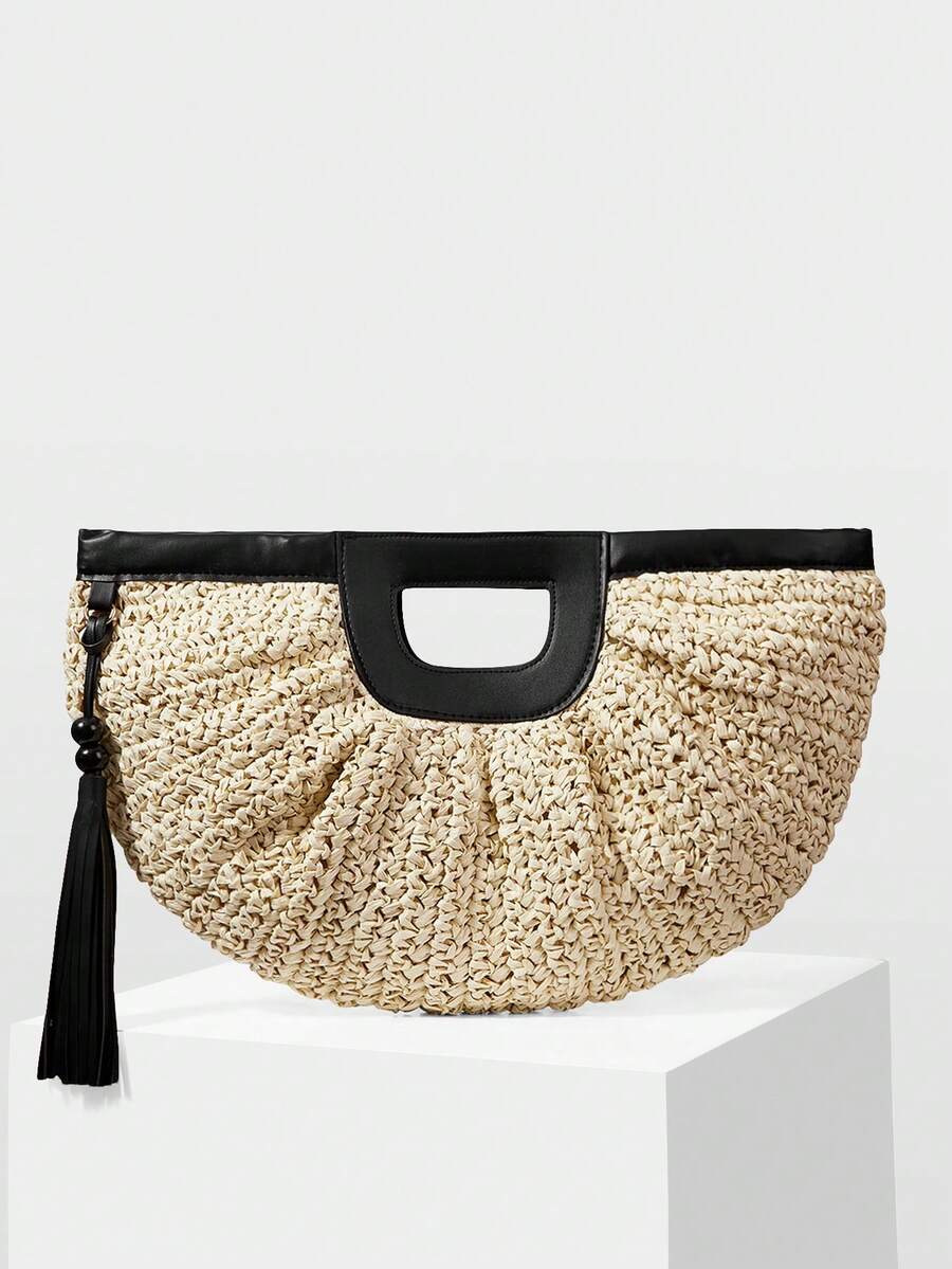 Bolsa feminina off white semicircular em trama natural com franjas – Boutique do Encanto