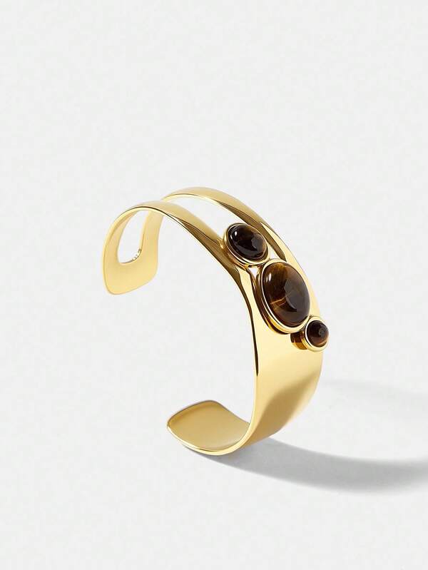 Bracelete Feminino Olho de Tigre em Aço Inox Banhado a Ouro 18K - Semi Joia Premium Fashion - Boutique do Encanto