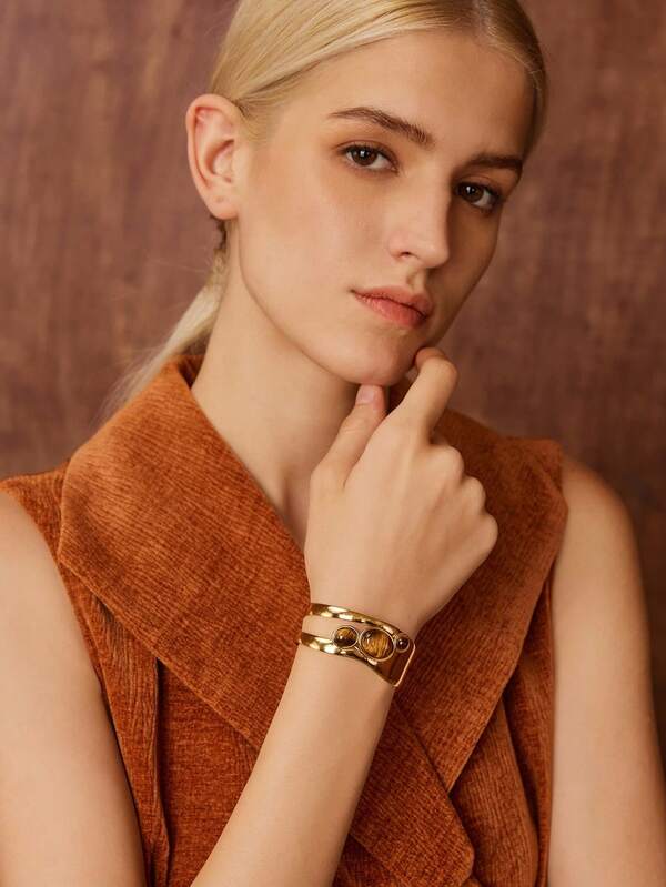 Bracelete Feminino Olho de Tigre em Aço Inox Banhado a Ouro 18K - Semi Joia Premium Fashion - Boutique do Encanto