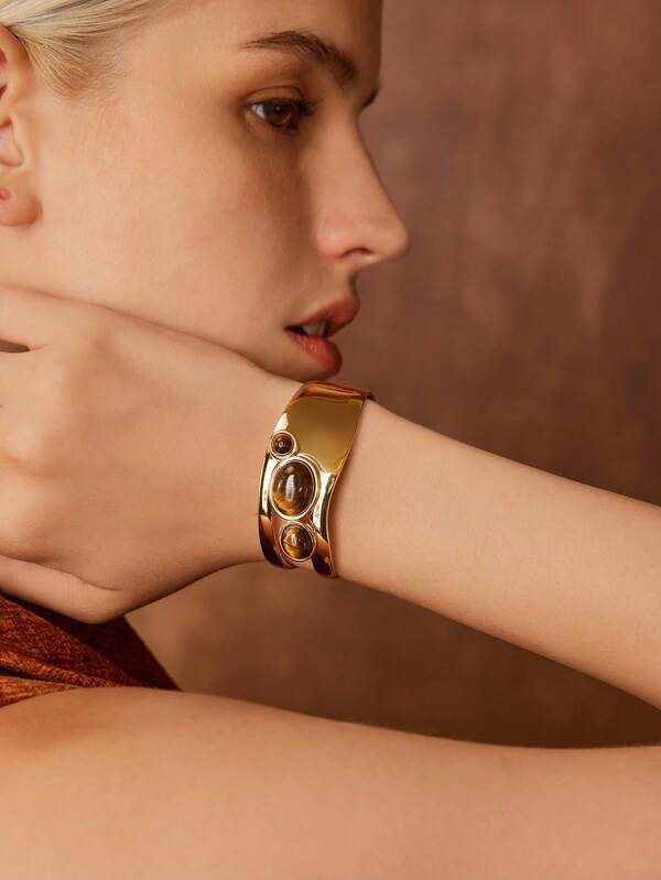 Bracelete Feminino Olho de Tigre em Aço Inox Banhado a Ouro 18K - Semi Joia Premium Fashion - Boutique do Encanto