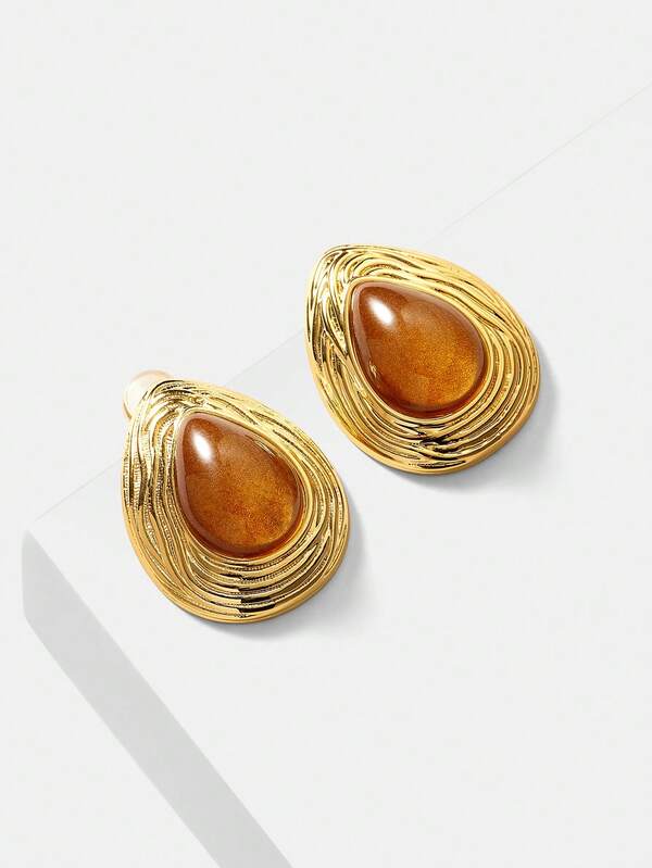 Brinco Feminino Aço Inox Banhado a Ouro 18K com Pedra Olho de Tigre – Design Geométrico Luxo