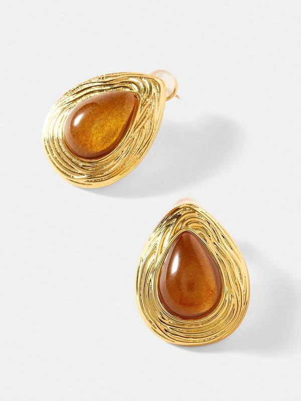 Brinco Feminino Aço Inox Banhado a Ouro 18K com Pedra Olho de Tigre – Design Geométrico Luxo