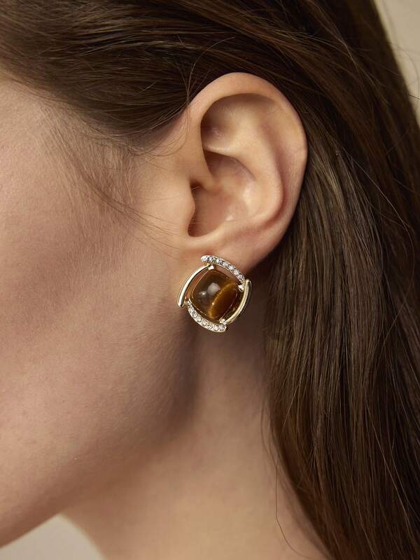 Brinco Feminino com Pedra Olho de Tigre Banhado a Ouro 18 K - Semi Joia Fashion Premium - Boutique do Encanto Brincos