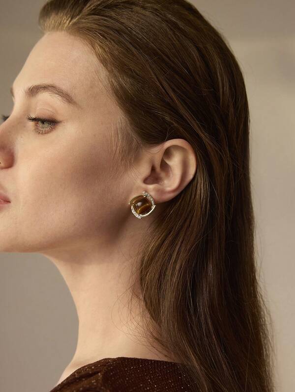 Brinco Feminino com Pedra Olho de Tigre Banhado a Ouro 18 K - Semi Joia Fashion Premium - Boutique do Encanto Brincos