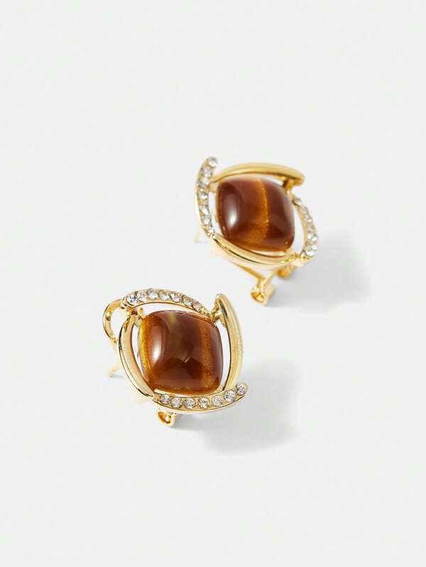 Brinco Feminino com Pedra Olho de Tigre Banhado a Ouro 18 K - Semi Joia Fashion Premium - Boutique do Encanto Brincos