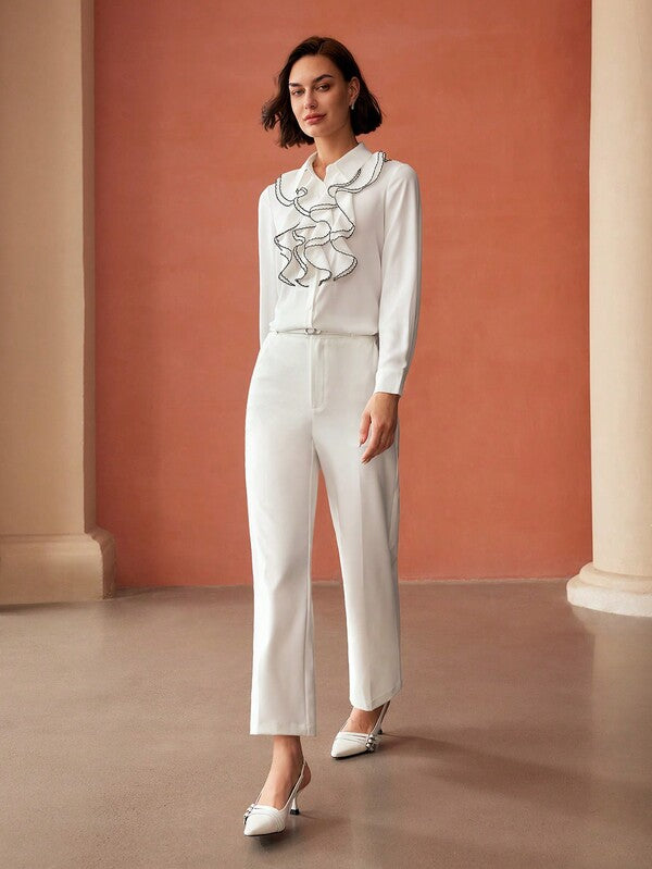 Calça Feminina Perna Reta - Cores Preto - Branco - Castanho - Cintura Natural, Zíper Frontal e Bolsos - Coleção Entre Estações - Boutique do Encanto