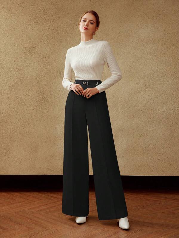 Calça Social Feminia Perna Larga com Pregas e Detalhe Metálico - Alfaiataria Premium - Cores Básicas Preto e Branco - Boutique do Encanto Calças