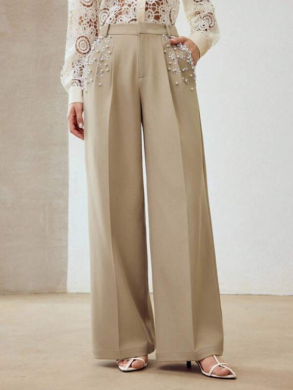 Calça Social Feminina Alfaiataria Premium Perna Reta com Pérolas Decorativas - Boutique do Encanto Calças