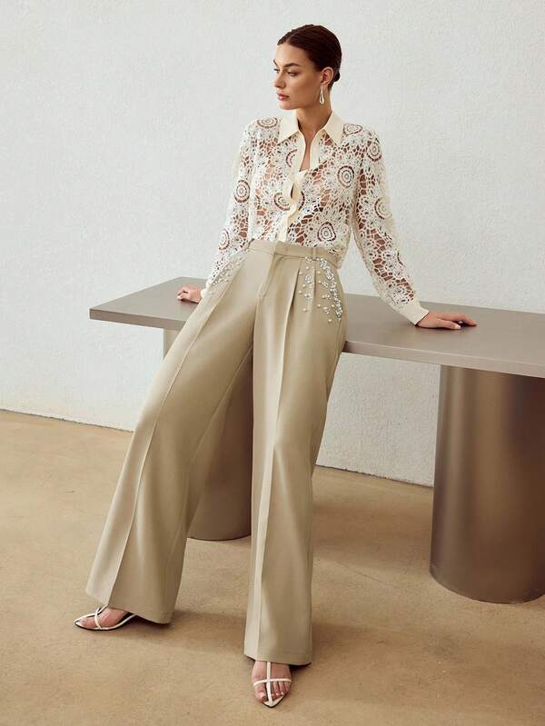 Calça Social Feminina Alfaiataria Premium Perna Reta com Pérolas Decorativas - Boutique do Encanto Calças