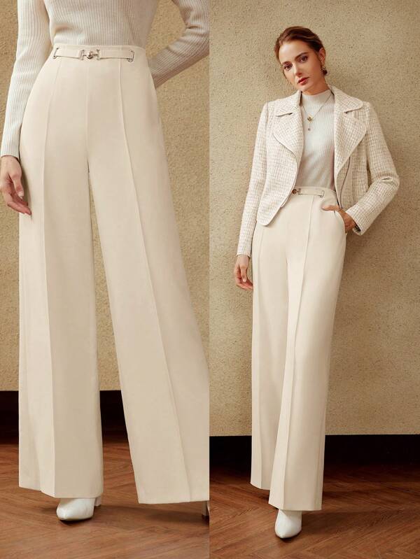 Calça Social Feminina Perna Larga com Pregas e Detalhe Metálico - Alfaiataria Premium - Cores Caqui e Offwhite - Boutique do Encanto Calças