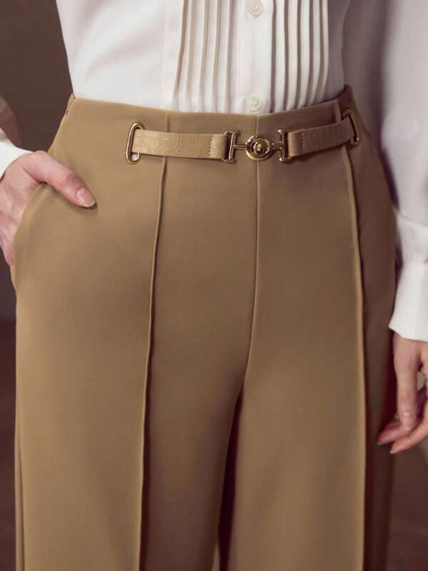 Calça Social Feminina Perna Larga com Pregas e Detalhe Metálico - Alfaiataria Premium - Cores Caqui e Offwhite - Boutique do Encanto Calças