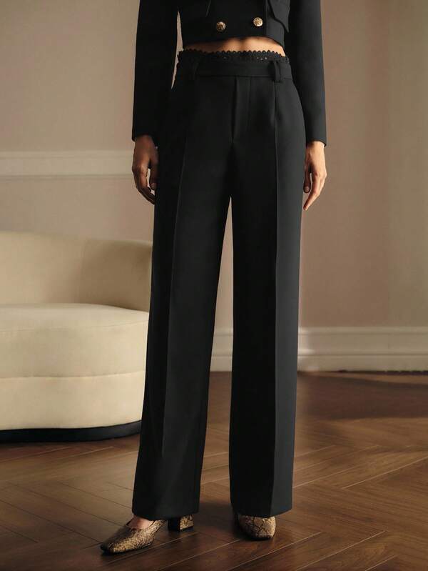 Calça Social Feminina Perna Larga com Renda Contrastante | Preto - Marrom | Alfaiataria Premium - Boutique do Encanto Calças