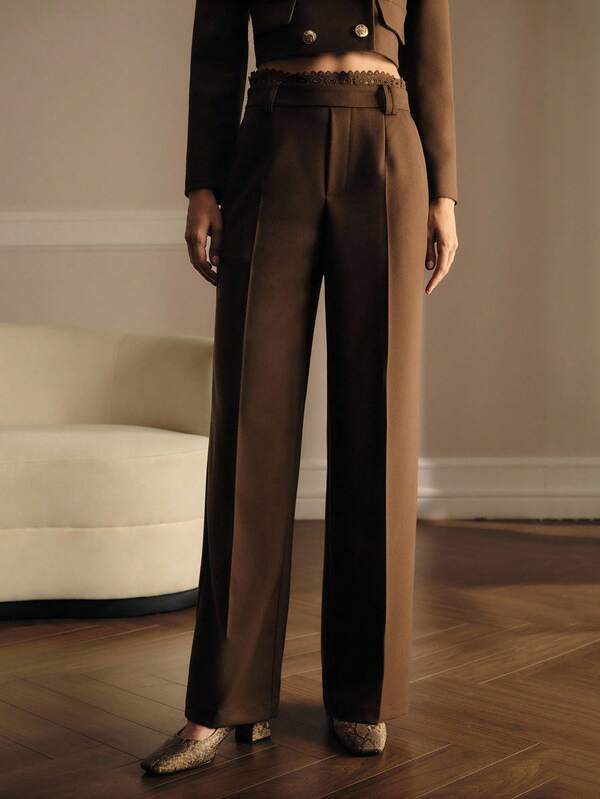 Calça Social Feminina Perna Larga com Renda Contrastante | Preto - Marrom | Alfaiataria Premium - Boutique do Encanto Calças