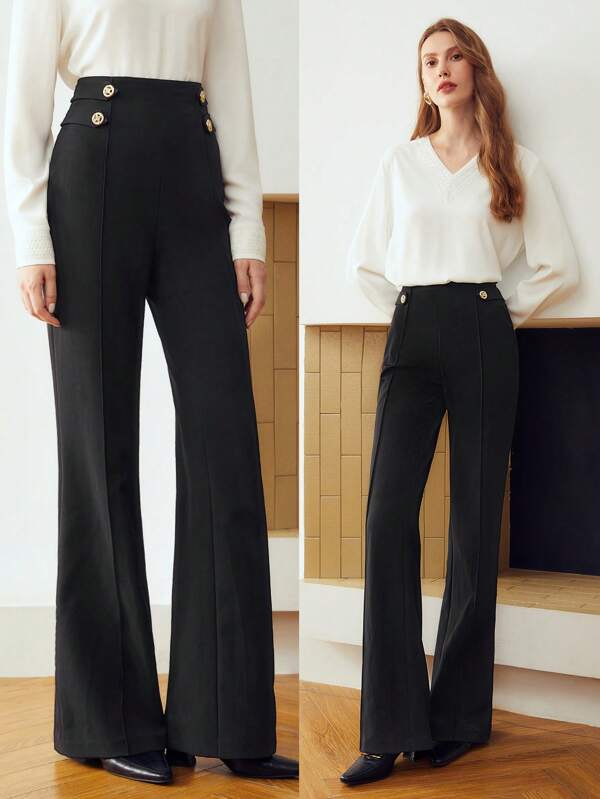 Calça de Alfaiataria Feminina Flared Cor Preto - Cintura Natural com detalhe de Botão - Outono Elegante - Boutique do Encanto Calças