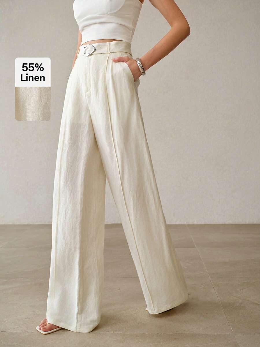 Calça feminina Marfim Natural forrada com bolsos