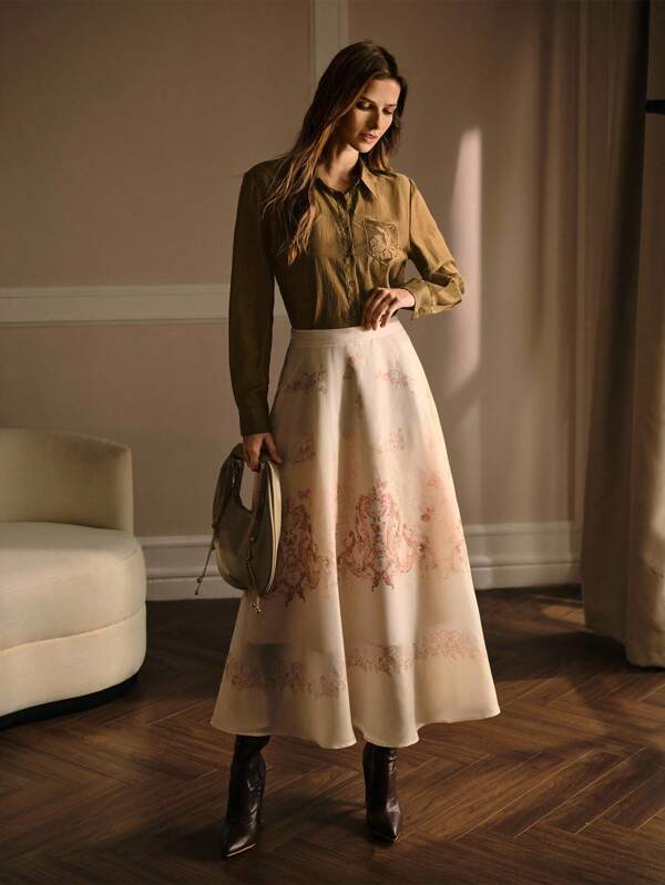 Camisa Feminina Shape Fluido - Cor Verde Militar com Bolso Bordado - Manga Longa – Boutique do Encanto