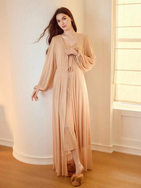 Camisola Longa com Bata Luxuosa Damasco – Conjunto 2 Peças Íntimos & Conforto | Slim Fit em Malha - Boutique do Encanto