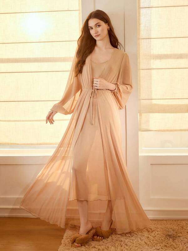 Camisola Longa com Bata Luxuosa Damasco – Conjunto 2 Peças Íntimos & Conforto | Slim Fit em Malha - Boutique do Encanto