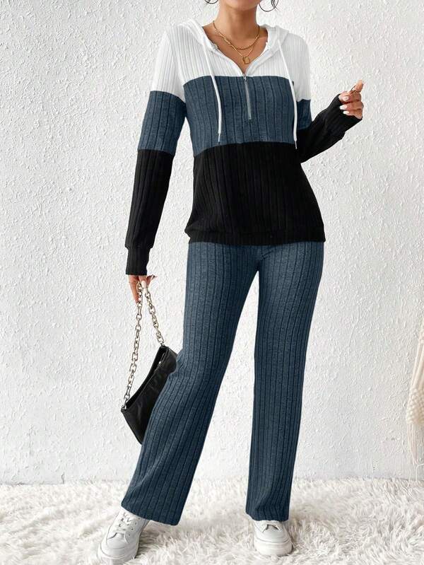 Conjunto Feminino Canelado Color Block com Capuz – Essenciais Urbanos