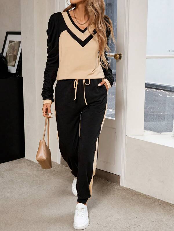 Conjunto Feminino Casual Outono 2 Peças Manga Longa Moletom Decote V