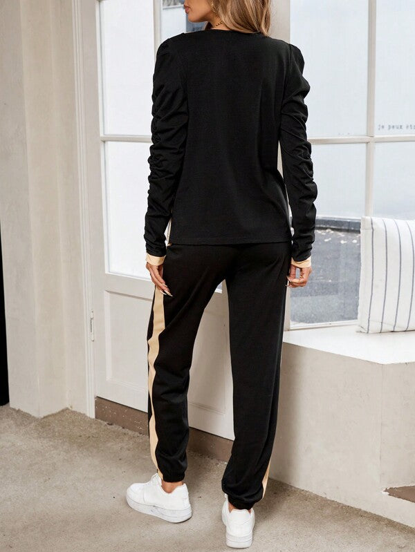 Conjunto Feminino Casual Outono 2 Peças Manga Longa Moletom Decote V