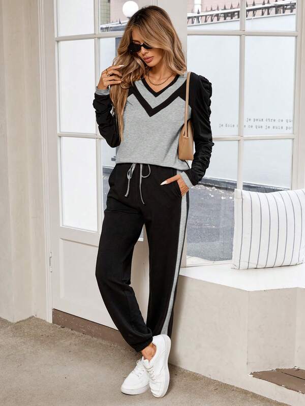 Conjunto Feminino Casual Outono 2 Peças Manga Longa Moletom Decote V