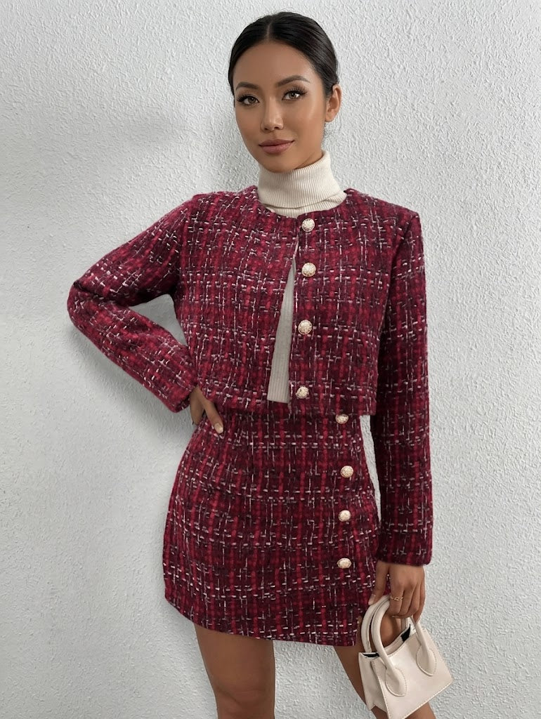 Conjunto Feminino Elegante Tweed Xadrez com Jaqueta e Saia – Sofisticado Outono/Inverno | Boutique do Encanto