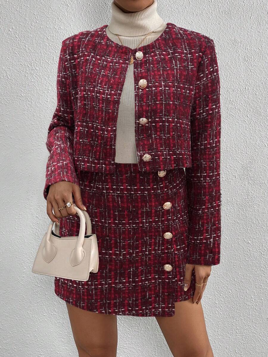 Conjunto Feminino Elegante Tweed Xadrez com Jaqueta e Saia – Sofisticado Outono/Inverno | Boutique do Encanto