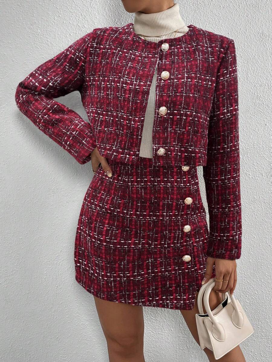 Conjunto Feminino Elegante Tweed Xadrez com Jaqueta e Saia – Sofisticado Outono/Inverno | Boutique do Encanto